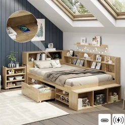 Lit enfant 90x200 cm - avec 1 tiroir - avec bibliothèque et rangement - sommier à lattes - naturel (sans matelas)