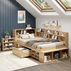 Lit enfant 90x200 cm - avec 1 tiroir - avec bibliothèque et rangement - sommier à lattes - naturel (sans matelas)