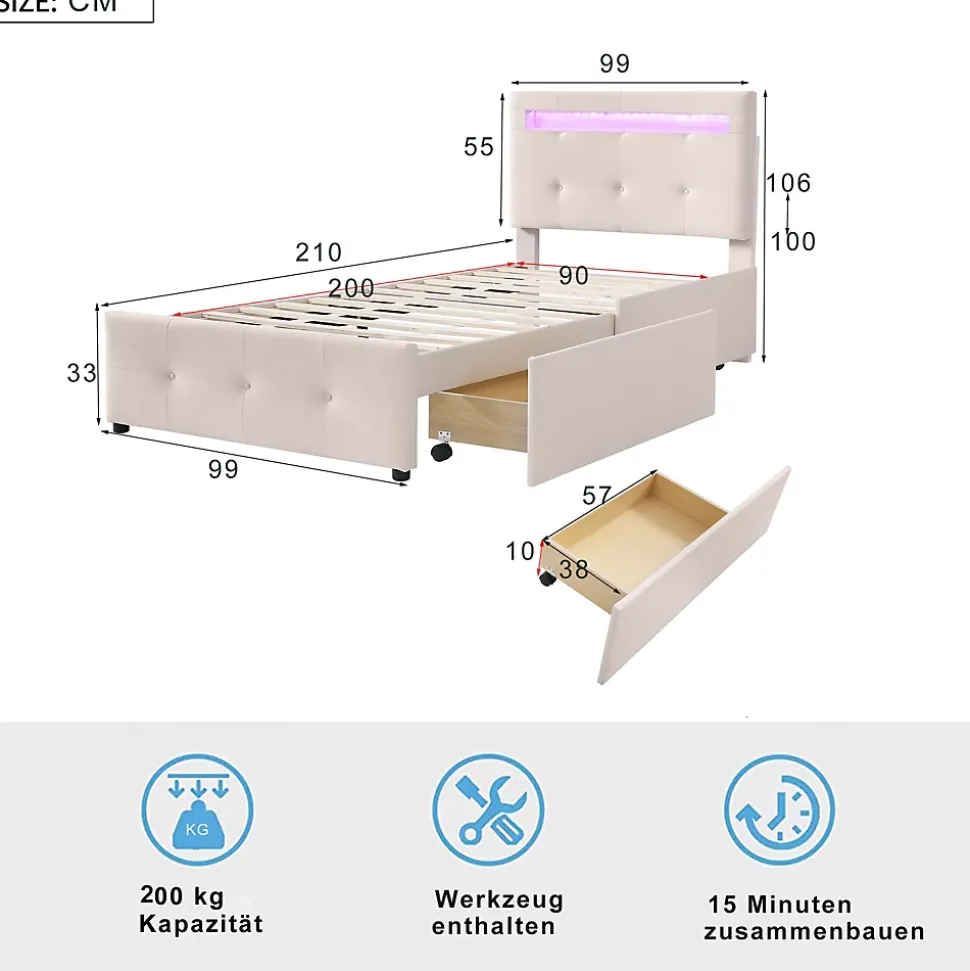 Lit enfant 90x200 cm - avec 2 Tiroirs et Éclairage LED, Lit Confortable en Lin Beige, Rangement Sous Le Lit, Sans Matelas