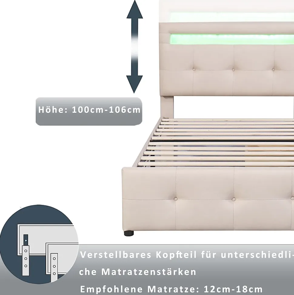 Lit enfant 90x200 cm - avec 2 Tiroirs et Éclairage LED, Lit Confortable en Lin Beige, Rangement Sous Le Lit, Sans Matelas