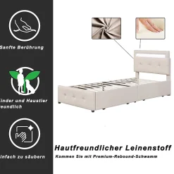 Lit enfant 90x200 cm - avec 2 Tiroirs et Éclairage LED, Lit Confortable en Lin Beige, Rangement Sous Le Lit, Sans Matelas