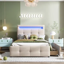 Lit enfant 90x200 cm - avec 2 Tiroirs et Éclairage LED, Lit Confortable en Lin Beige, Rangement Sous Le Lit, Sans Matelas