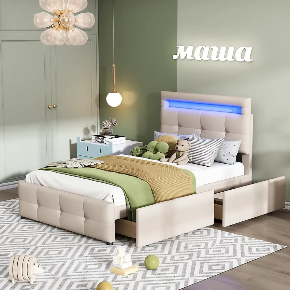 Lit enfant 90x200 cm - avec 2 Tiroirs et Éclairage LED, Lit Confortable en Lin Beige, Rangement Sous Le Lit, Sans Matelas