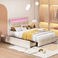 Lit enfant 90x200 cm - avec 2 Tiroirs et Éclairage LED, Lit Confortable en Lin Beige, Rangement Sous Le Lit, Sans Matelas