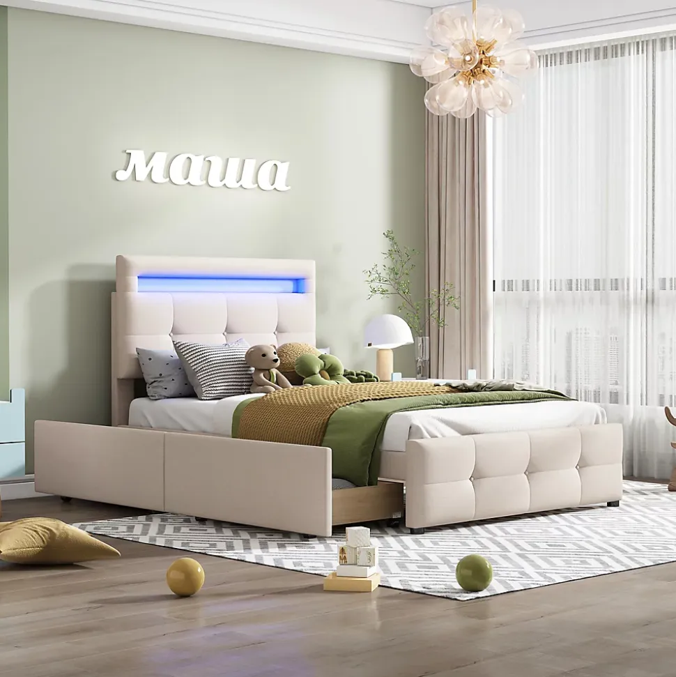 Lit enfant 90x200 cm - avec 2 Tiroirs et Éclairage LED, Lit Confortable en Lin Beige, Rangement Sous Le Lit, Sans Matelas