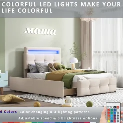 Lit enfant 90x200 cm - avec 2 Tiroirs et Éclairage LED, Lit Confortable en Lin Beige, Rangement Sous Le Lit, Sans Matelas