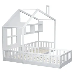 Lit enfant 90x200 cm - Cabane avec Fenêtre et Coffre de Rangement, MDF/Bois, Blanc - Sans Matelas