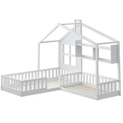 Lit enfant 90x200 cm - Cabane avec Fenêtre et Coffre de Rangement, MDF/Bois, Blanc - Sans Matelas