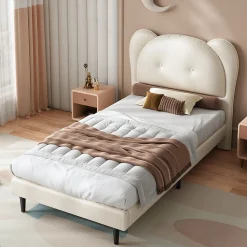Lit enfant 90x200 cm - Lit avec Tête de Lit en Forme d'Animal - PU - Sans Matelas - Beige