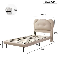 Lit enfant 90x200 cm - Lit avec Tête de Lit en Forme d'Animal - PU - Sans Matelas - Beige