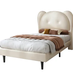 Lit enfant 90x200 cm - Lit avec Tête de Lit en Forme d'Animal - PU - Sans Matelas - Beige