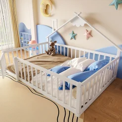 Lit enfant 140x190 cm - Lit avec barrières et design maison - Bois de pin et MDF - Sans matelas - Blanc