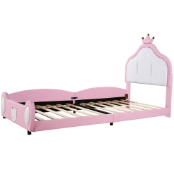 Lit enfant 90x200 cm - Lit avec Tête de Lit Couronne, design Bicolore, en Simili Cuir, Sans Matelas, Rose