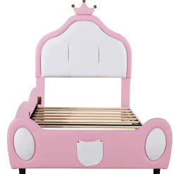 Lit enfant 90x200 cm - Lit avec Tête de Lit Couronne, design Bicolore, en Simili Cuir, Sans Matelas, Rose