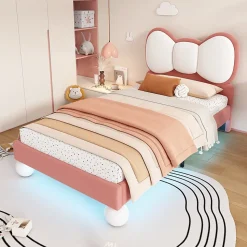 Lit enfant 90x200 cm - Lit avec Tête de Lit en Ailes et LED - Velours - Sans matelas - Rose