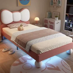Lit enfant 90x200 cm - Lit avec Tête de Lit en Ailes et LED - Velours - Sans matelas - Rose