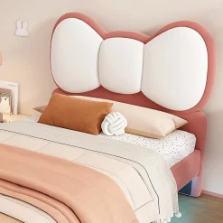 Lit enfant 90x200 cm - Lit avec Tête de Lit en Ailes et LED - Velours - Sans matelas - Rose