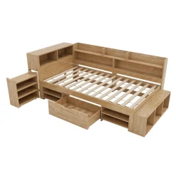 Lit Enfant 90x200 cm - Lit avec Rangement Multifonction, Tiroirs et Étagères, Lit Simple en Bois Nature - Sans Matelas