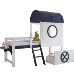 Lit enfant 90x200 cm - Lit Cabane avec Rangement et design Marin - Pin et MDF - Sans Matelas - Blanc + Bleu foncé