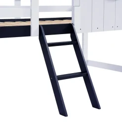 Lit enfant 90x200 cm - Lit Cabane avec Rangement et design Marin - Pin et MDF - Sans Matelas - Blanc + Bleu foncé