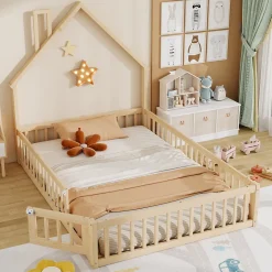 Lit Enfant 140x190 cm - Lit Cabane Design Maison avec Cheminée Décorative et Sommier Inclus, Bois et MDF, Naturel, sans Matelas