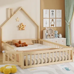Lit Enfant 140x190 cm - Lit Cabane Design Maison avec Cheminée Décorative et Sommier Inclus, Bois et MDF, Naturel, sans Matelas