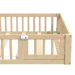 Lit Enfant 140x190 cm - Lit Cabane Design Maison avec Cheminée Décorative et Sommier Inclus, Bois et MDF, Naturel, sans Matelas