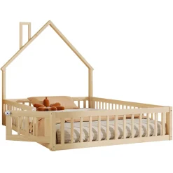 Lit Enfant 140x190 cm - Lit Cabane Design Maison avec Cheminée Décorative et Sommier Inclus, Bois et MDF, Naturel, sans Matelas