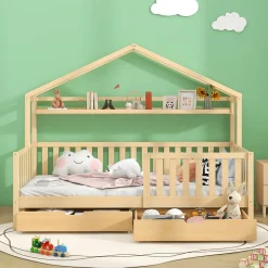 Lit enfant 90x200 cm - Lit Cabane avec 2 Tiroirs de Rangement, Sommier en Bois Inclus, Sans Matelas - Naturel