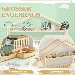 Lit enfant 90x200 cm - Lit Cabane avec 2 Tiroirs de Rangement, Sommier en Bois Inclus, Sans Matelas - Naturel