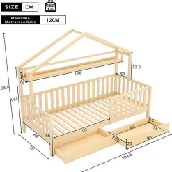 Lit enfant 90x200 cm - Lit Cabane avec 2 Tiroirs de Rangement, Sommier en Bois Inclus, Sans Matelas - Naturel