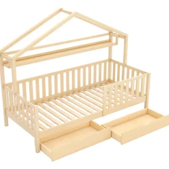 Lit enfant 90x200 cm - Lit Cabane avec 2 Tiroirs de Rangement, Sommier en Bois Inclus, Sans Matelas - Naturel
