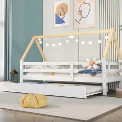 Lit Enfant 90x200 cm - Lit Cabane avec Lit Gigogne à Roulettes - Bois Massif Naturel - Sans Matelas