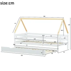 Lit Enfant 90x200 cm - Lit Cabane avec Lit Gigogne à Roulettes - Bois Massif Naturel - Sans Matelas