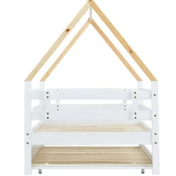 Lit Enfant 90x200 cm - Lit Cabane avec Lit Gigogne à Roulettes - Bois Massif Naturel - Sans Matelas