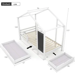 Lit enfant 90x200 cm - Lit Cabane avec Tableau et 2 Tiroirs, Rangement Pratique, Bois Massif et MDF, Sans Matelas - Blanc