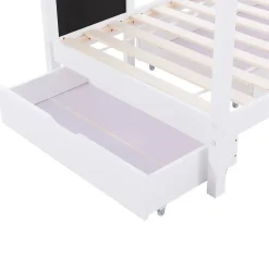Lit enfant 90x200 cm - Lit Cabane avec Tableau et 2 Tiroirs, Rangement Pratique, Bois Massif et MDF, Sans Matelas - Blanc