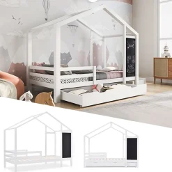 Lit enfant 90x200 cm - Lit Cabane avec Tableau et 2 Tiroirs, Rangement Pratique, Bois Massif et MDF, Sans Matelas - Blanc