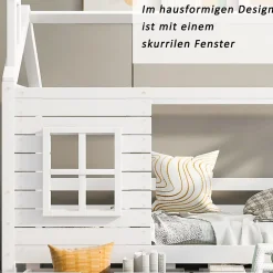 Lit enfant 90x200 cm - Lit Cabane avec Barrières et Fenêtre, Bois Massif - Sommier À Lattes - Sans Matelas - Blanc