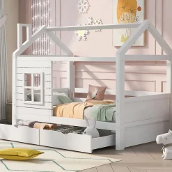 Lit enfant 90x200 cm - Lit Cabane avec Barrières et Fenêtre, Bois Massif - Sommier À Lattes - Sans Matelas - Blanc