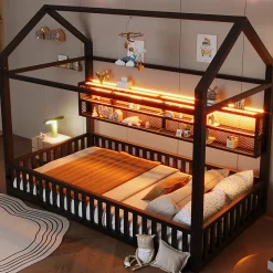 Lit Enfant 90x200 cm - Lit Cabane avec LED et Barrières, sans Matelas - Cadre Métal Noir