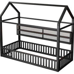 Lit Enfant 90x200 cm - Lit Cabane avec LED et Barrières, sans Matelas - Cadre Métal Noir