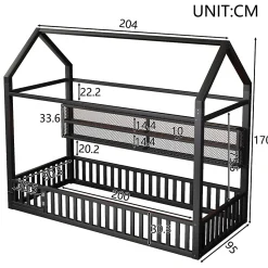 Lit Enfant 90x200 cm - Lit Cabane avec LED et Barrières, sans Matelas - Cadre Métal Noir