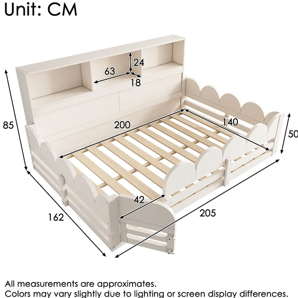 Lit Enfant 140x200 cm - Lit Double avec Barrières de Sécurité, Porte d'Accès et Étagères Intégrées, en Bois - sans Matelas - Blanc