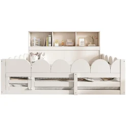 Lit Enfant 140x200 cm - Lit Double avec Barrières de Sécurité, Porte d'Accès et Étagères Intégrées, en Bois - sans Matelas - Blanc