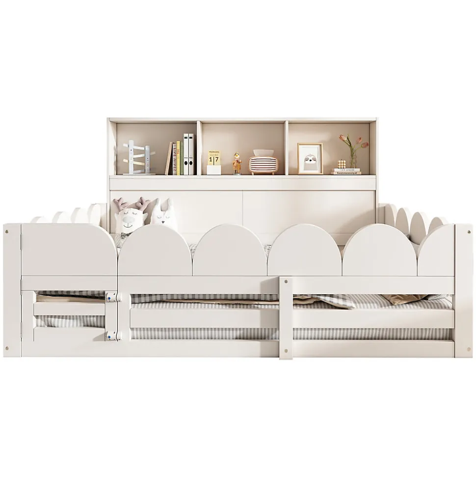 Lit Enfant 140x200 cm - Lit Double avec Barrières de Sécurité, Porte d'Accès et Étagères Intégrées, en Bois - sans Matelas - Blanc