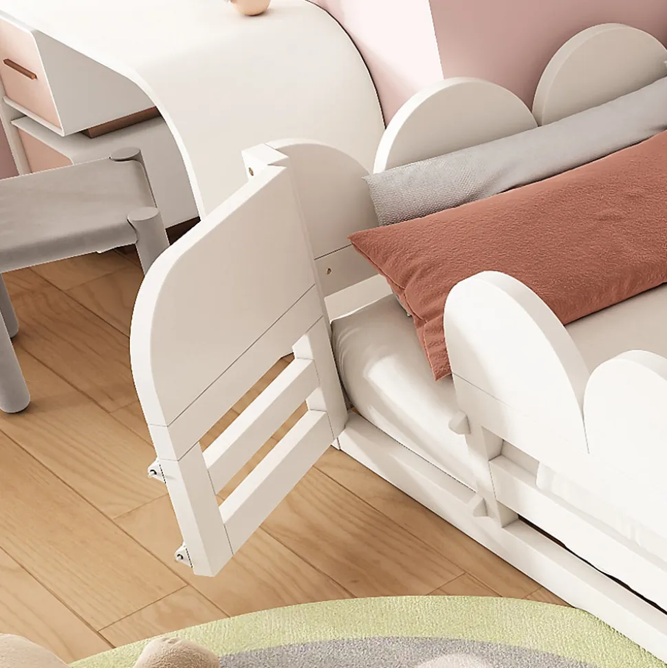 Lit Enfant 140x200 cm - Lit Double avec Barrières de Sécurité, Porte d'Accès et Étagères Intégrées, en Bois - sans Matelas - Blanc