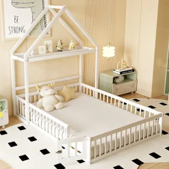 Lit enfant 140x200 cm - Lit Double Cabane avec Grille et Porte, Cadre en Bois Massif, Sans Matelas - Blanc