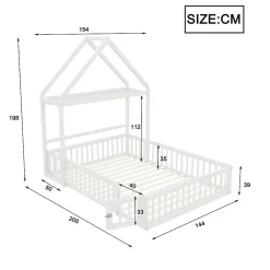 Lit enfant 140x200 cm - Lit Double Cabane avec Grille et Porte, Cadre en Bois Massif, Sans Matelas - Blanc