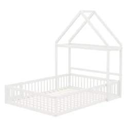 Lit enfant 140x200 cm - Lit Double Cabane avec Grille et Porte, Cadre en Bois Massif, Sans Matelas - Blanc